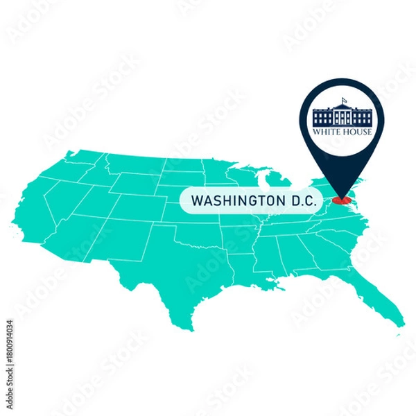 Obraz Isolated map of united states with the White House pin point in Washington D.C. Vector illustration.
