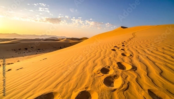 Fototapeta A scenic desert landscape, with a towering sand dune catching the warm glow of the setting sun, highlighted by human footprints