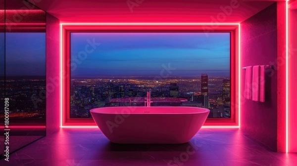 Fototapeta Modern, illuminated bathroom with panoramic city view.