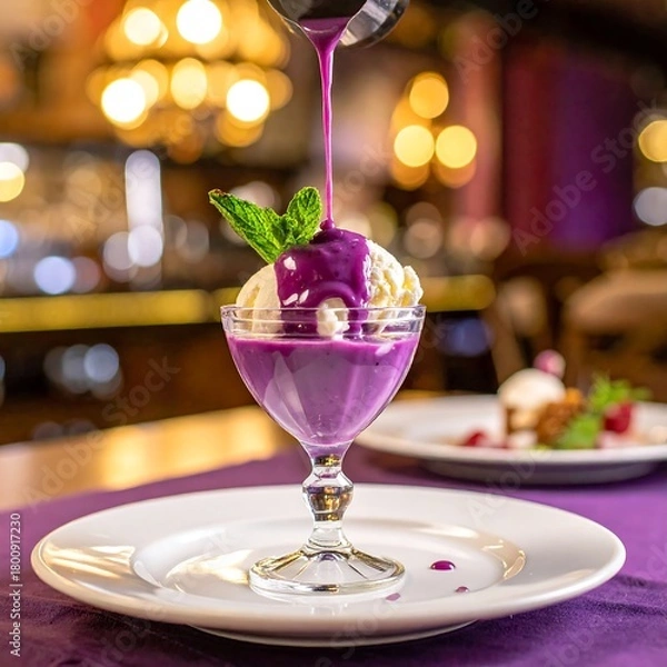 Obraz A scoop of white ice cream topped with a vibrant purple sauce and a mint leaf, in a clear glass on a white plate