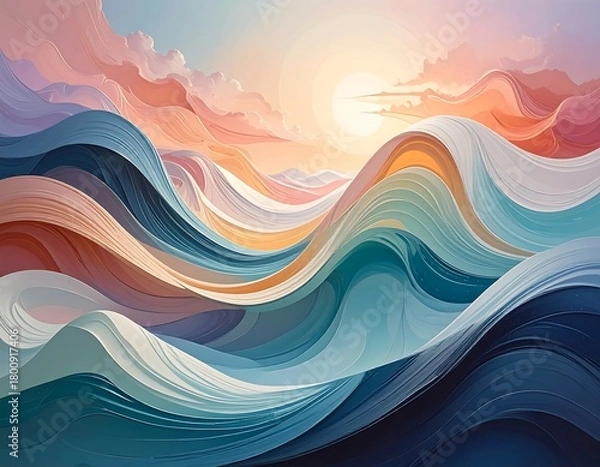 Obraz A pastel landscape with flowing, wave-like forms in shades of blue, orange, and white, under a sunrise