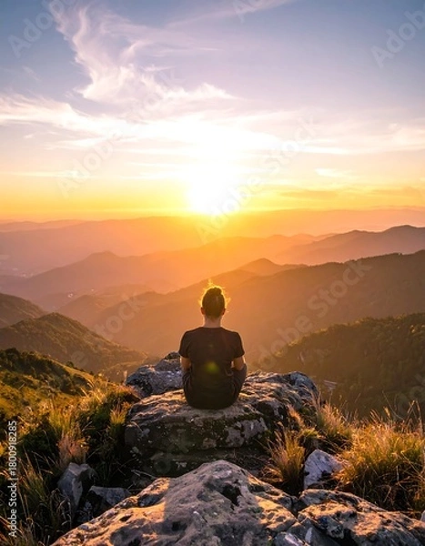 Obraz A person sits atop a rocky peak, gazing at a vibrant sunset over a series of rolling, hazy mountain ranges