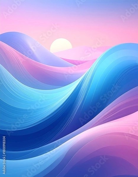 Fototapeta A serene landscape depicting stylized, flowing hills with a gradient of pink, blue, and white, and a soft, circular sun