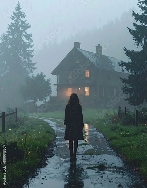 Obraz A person walks towards a house on a misty, rainy path. Lush greenery borders the pathway and a dark silhouette