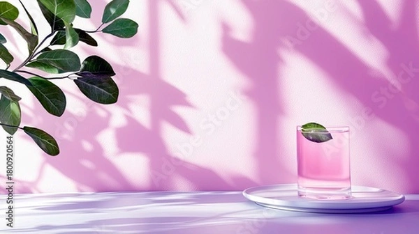 Fototapeta A glass of pink liquid with a leaf garnish is placed on a white plate, with green leaves and shadow patterns in the background.