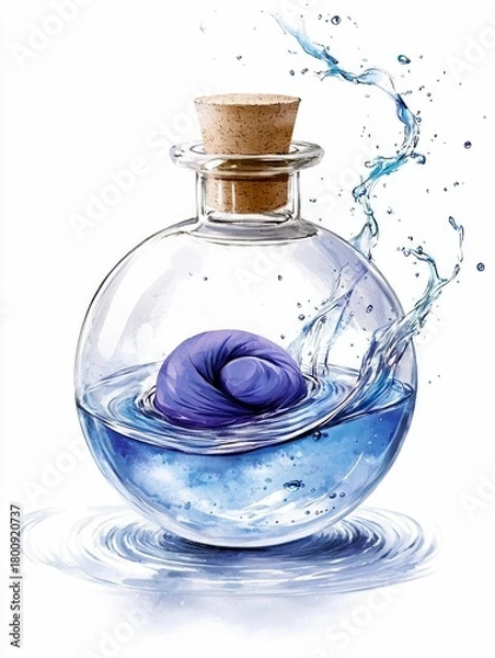 Fototapeta A round glass bottle with a cork stopper contains blue liquid and a purple object, with water splashing dynamically.