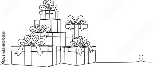 Obraz Stacked gift boxes illustration, festive present line art drawing with ribbons and bows, holiday outline design for celebration and decoration