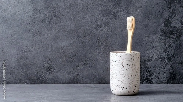 Fototapeta A bamboo toothbrush in a speckled holder is placed on a gray surface against a dark gray textured wall, suggesting a clean and minimalist bathroom setting.