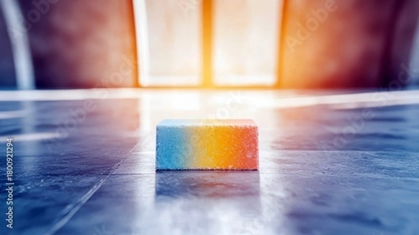 Fototapeta A single, rectangular gummy candy with a gradient of blue, yellow, and orange colors rests on a dark, reflective floor.