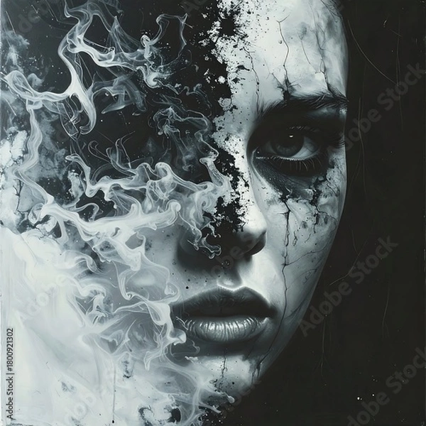 Obraz A portrait of a woman merges with smoke and textures, creating a surreal and emotive image. The focus is on the face