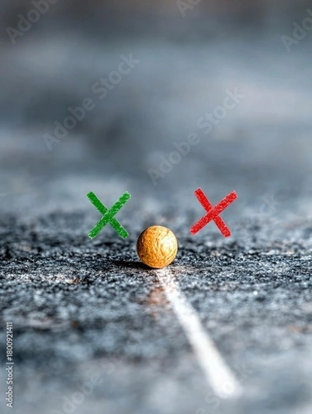 Fototapeta A golden ball is positioned between a green X and a red X on a textured surface with a white line.