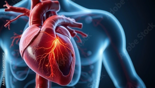 Fototapeta 3D illustration of a human heart with visible veins and arteries in a transparent torso.