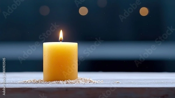 Fototapeta A lit yellow candle sits on a surface with scattered grains, with soft bokeh lights in the background.
