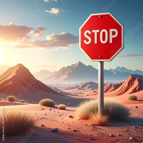 Obraz A red octagon road sign, "STOP," stands amidst a desert landscape with sunlit mountains, bushes, and a clear blue sky