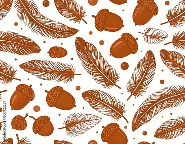 Obraz A repeating pattern on a white backdrop showcases brown feathers and acorns, along with small dots. The elements are detailed