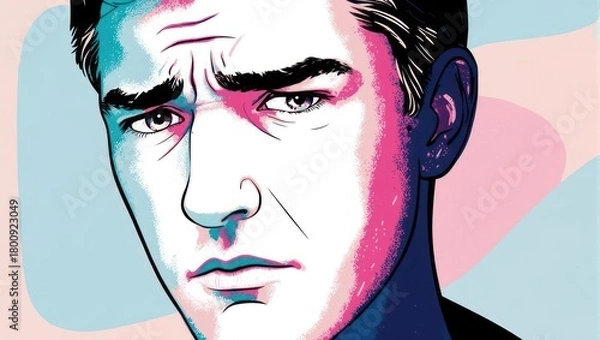 Fototapeta Close-up portrait of a man with a serious expression, rendered in a pop art style with vibrant colors and strong lines.