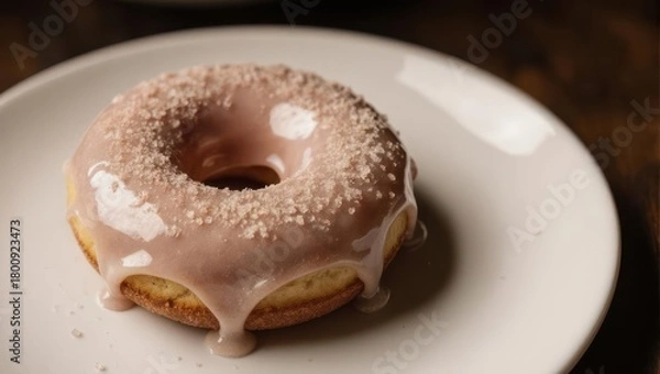 Fototapeta Delicious glazed donut with sprinkles on a white plate.