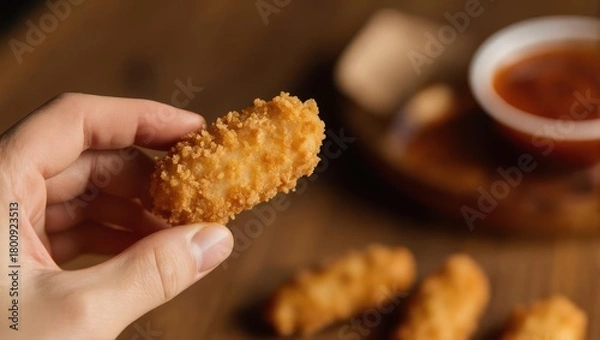 Fototapeta Crispy Chicken Tender Held in Hand with Dipping Sauce.