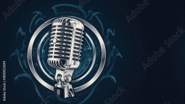 Fototapeta Vintage Microphone on a Dark Background with Circular Emblem.