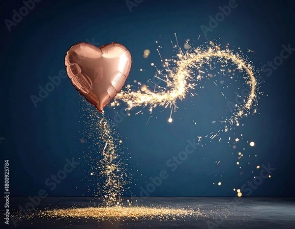 Obraz A rose-gold heart balloon floats against a dark blue backdrop, trailing sparks and golden particles
