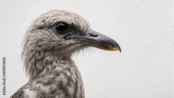 Fototapeta Close-up profile of a young seagull with speckled grey and white feathers.