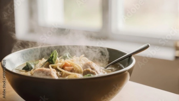 Fototapeta Steaming Bowl of Delicious Noodle Soup on a Table by a Window.