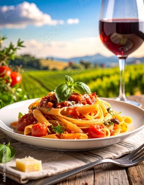 Obraz A rustic outdoor table features a white plate with pasta topped with sauce and basil. A glass of red wine is nearby