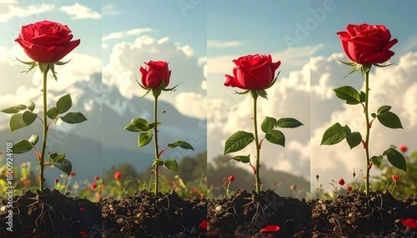 Obraz A sequence of four images showing a red rose in various stages of bloom, set against a backdrop of a mountain range and a clear sky