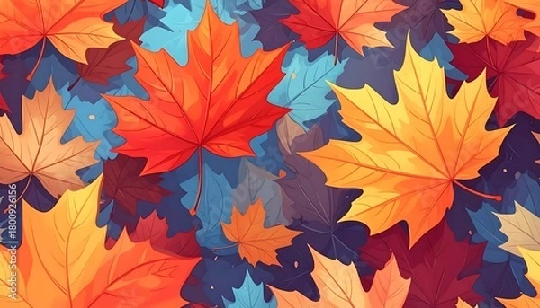 Obraz A vibrant autumnal illustration with overlapping leaves in shades of orange, yellow, red, blue, and brown. The scene evokes warmth
