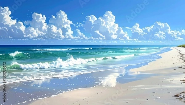 Obraz A serene seaside scene depicts a vast shoreline with gently breaking waves meeting a pale sandy beach beneath a bright, cloudy sky