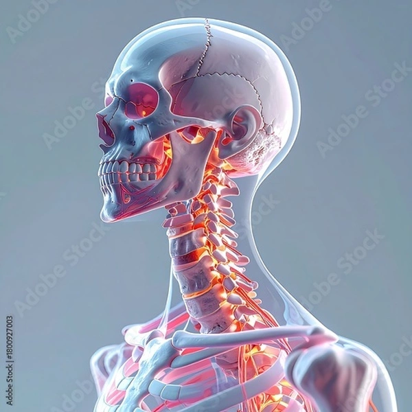Obraz A side view of a human skeleton rendered in a translucent style. Bone structure highlighted with red and orange, anatomy illustration