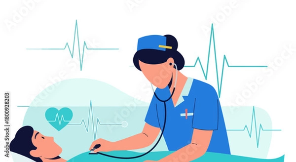 Fototapeta Medical Professional Performing a Checkup and Vital Signs Monitoring Process Illustrated