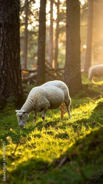 Obraz A single sheep grazes in sunlit forest, with others grazing in the background, light shining through trees