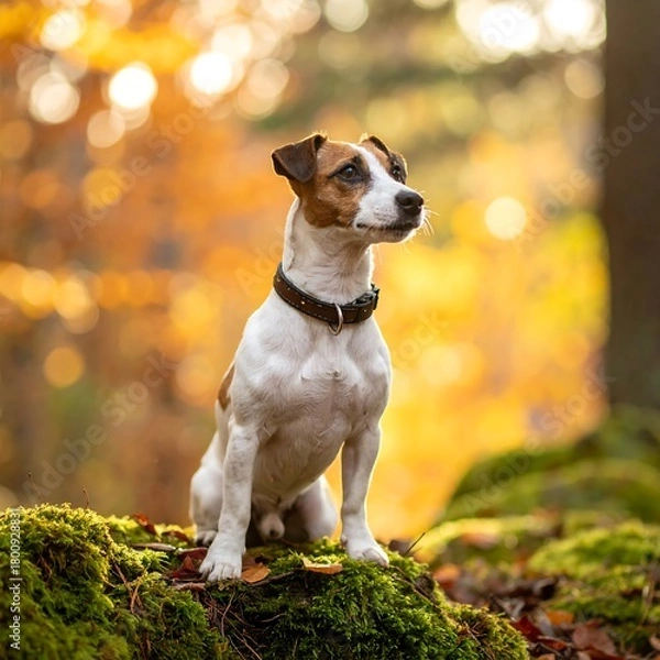 Obraz A small canine with white, brown, and black markings, sits proudly in a forest with autumn foliage, looking alert