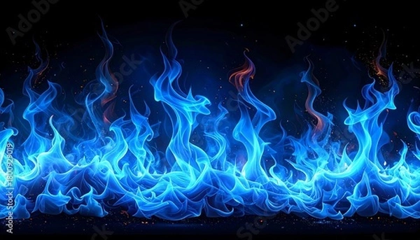 Obraz A vibrant horizontal illustration showcasing ethereal blue flames rising from a dark background, some orange highlights