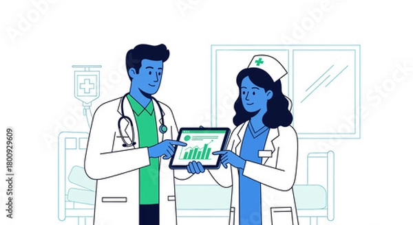 Fototapeta Medical Professionals Analyzing Data On Tablet Illustrating Healthcare Statistics And Trends