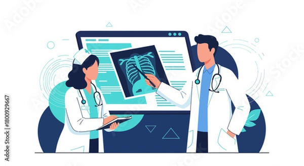 Fototapeta Medical Professionals Analyzing X-Ray Results And Using Modern Diagnostic Technology Together