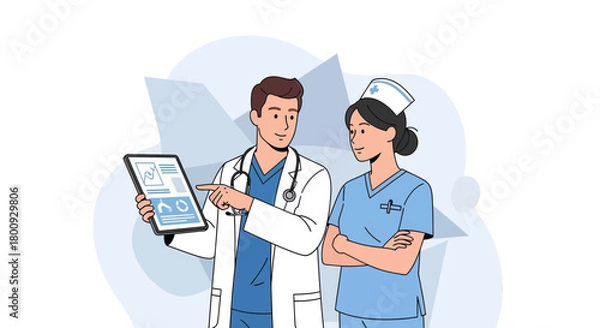 Fototapeta Medical Professionals Collaborating And Examining Data On A Tablet Screen Together