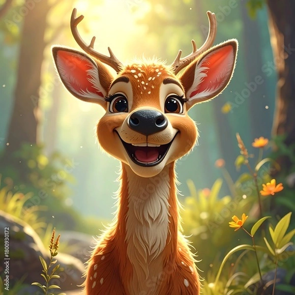 Obraz A smiling, cartoon deer with large eyes and antlers, stands in a sunlit forest clearing, surrounded by foliage