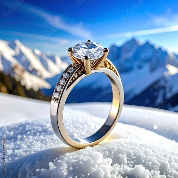 Obraz A sparkling, gold and silver engagement ring with diamonds sits atop a snowy surface. Mountains and a blue sky form a backdrop