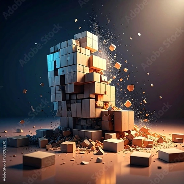 Obraz A structure of stacked blocks is disintegrating, with fragments scattered. Warm and cool lighting create depth
