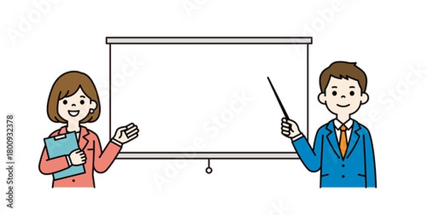 Obraz スクリーンと、ポインターを持って説明する男性社員の上半身ベクターイラスト素材＿カラー
