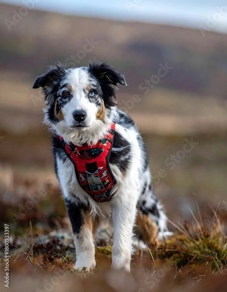 Obraz A stunning, medium-sized canine with striking heterochromia stands in a field. It has patterned fur and a red harness, looking alert