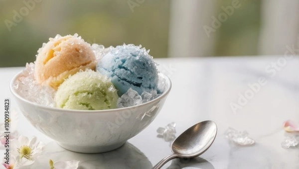 Obraz Colorful ice cream scoops in a white bowl with a spoon.