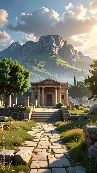 Obraz A sunlit scene features ancient ruins with a stone path leading towards a classical building against a mountain backdrop