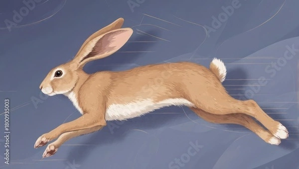 Obraz Running Brown Hare in Motion Against Blue Background.