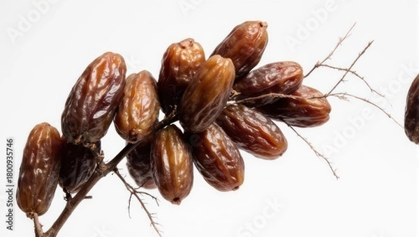 Obraz Close-up of a cluster of ripe brown dates on a branch against a white background.