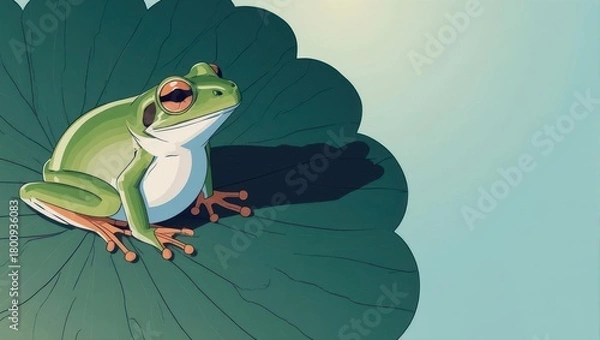 Obraz Green tree frog resting on a large lotus leaf in a serene pond setting.