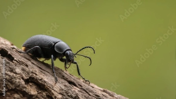 Obraz Close up of a black beetle crawling on a textured tree branch with a blurred green background.