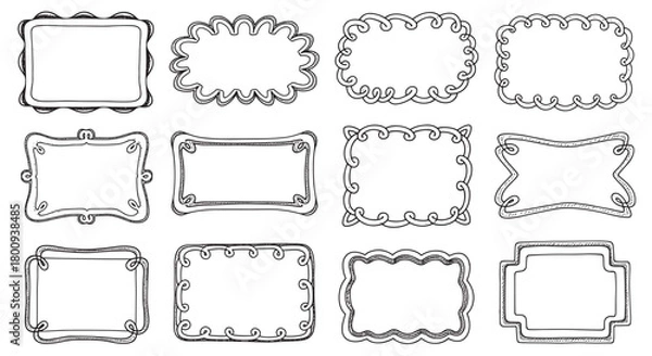 Fototapeta A collection of twelve hand-drawn doodle frames and borders in various decorative shapes, sketched in black ink on a white background as a graphic design element set